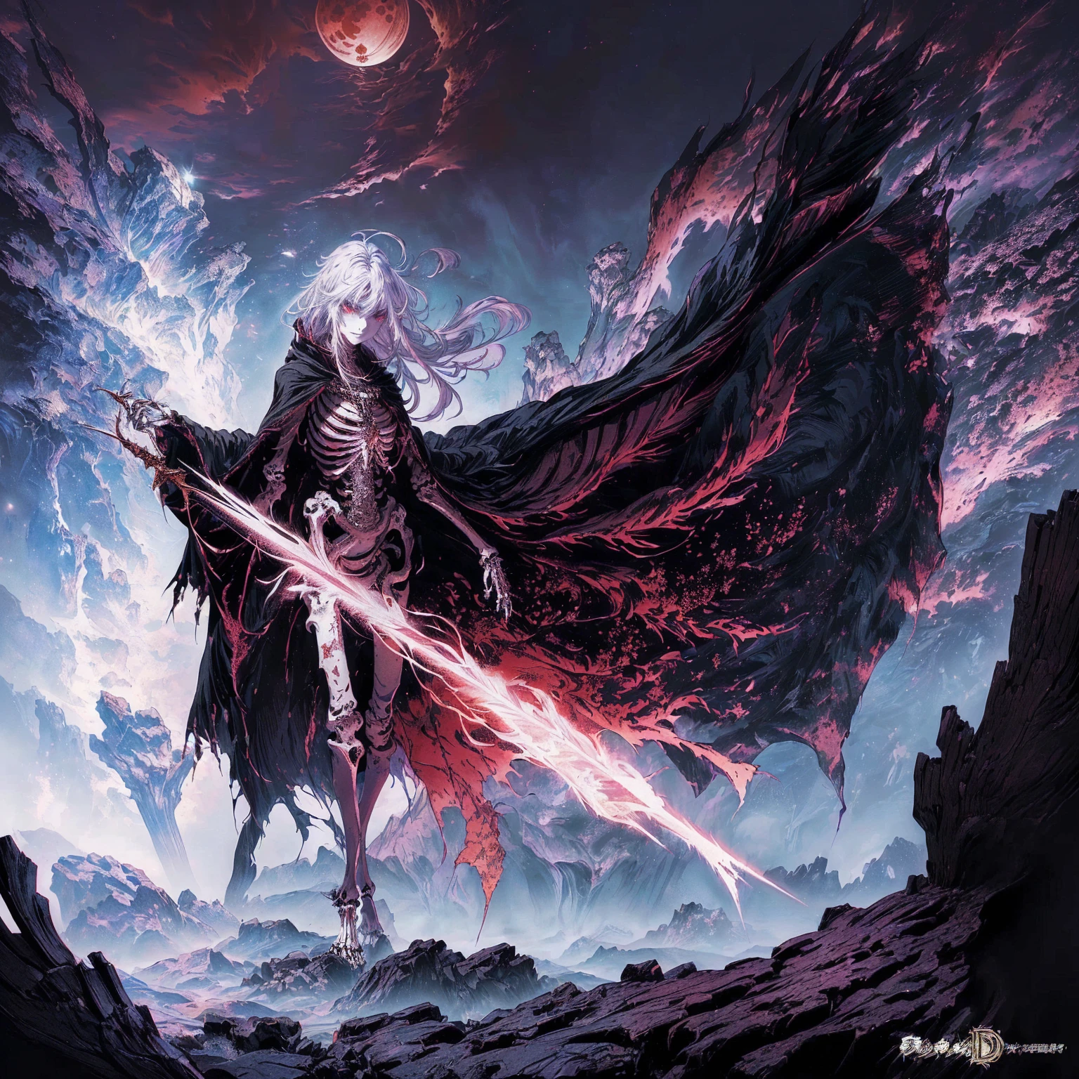 Anime character standing in a rocky area holding a sword, Detailed cover design, Anime epic artwork, detailed key anime art, Noah Bradley. Clear focus, dark fantasy artwork, Anime Fantasy Artwork, Official artwork with high detail, Dark Witch Panorama, Fractal Thunder by Dan Mumford, Eric of Melniborn, Lich Vecna (d&d), (full body:1.5), (wide shot:1.2), best quality, 4K, high resolution, (masterpiece:1.2), Very detailed, (current:1.37), (anatomically correct:1.2), Mood lighting, An undead girl in a long cape, black hair, Whole body including hands & arms & Legs & feet are all skeleton bones but except the head is still beautiful human face, Wearing a ragged gothic skirt, Shaded expression, Aloofness emotion, Dangerous sneer, beautiful but cruel smile, Facing the camera, Crucified, Pitch black sky, Blood-red moon, strange atmosphere, Gothic style, Unforgettable beauty, Dramatic shadows, Ethereal Light, Mysterious atmosphere
