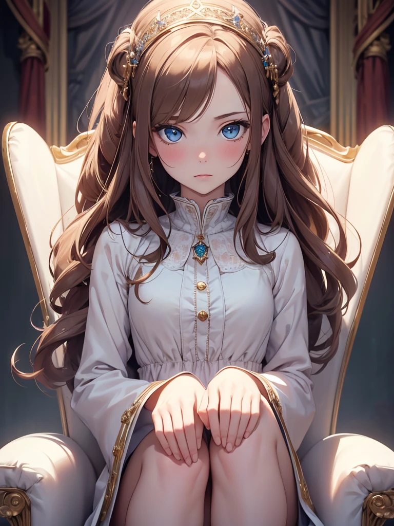 (8K, Best Quality, Masterpiece, Ultra High Resolution) Single Person, 1 Woman, Cute Eyes, Face Details, Pale Skin, Slender, Blush, Brunette Hair, Long Hair, Blue Eyes, Royal Clothing, Sitting on Throne, Castle, Best Quality, Upper Body, Looking at the Viewer, Facing Viewer, Close Up