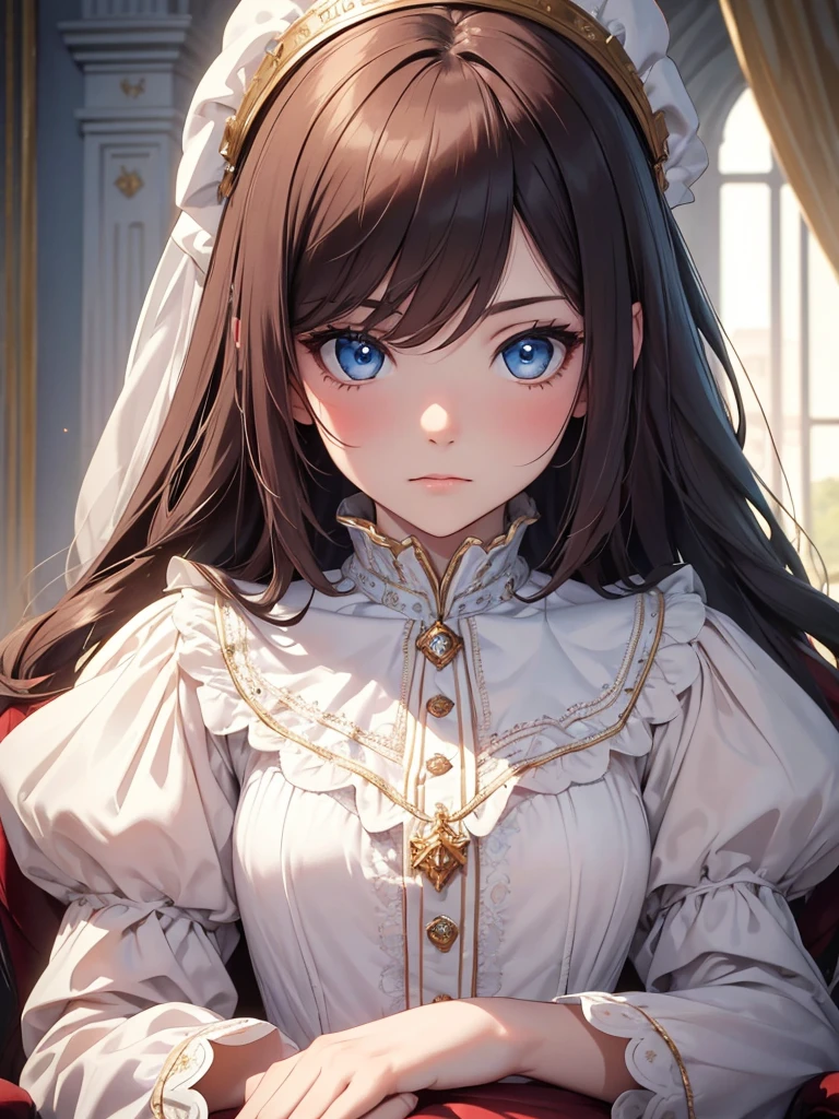 (8K, Best Quality, Masterpiece, Ultra High Resolution) Single Person, 1 Woman, Cute Eyes, Face Details, Pale Skin, Slender, Blush, Brunette Hair, Long Hair, Blue Eyes, Royal Clothing, Sitting on Throne, Castle, Best Quality, Upper Body, Looking at the Viewer, Facing Viewer, Close Up