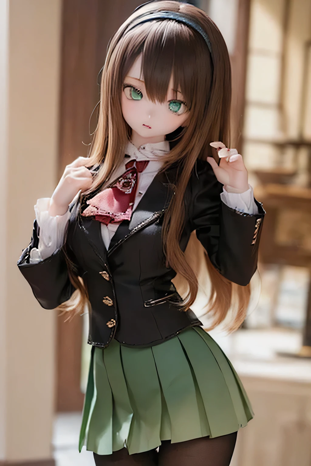 (SFW:2), photorealistic, realistic photo, 8k, ((highest quality)), ((masterpiece)), (extremely detailed), kukolnydom, doll, (mature woman, 21yo, 21 years old, solo:1.6), ((cowboy shot, standing, slim, slender, skinny, medium breasts, hairband, ascot, jacket, blouse, long puff sleeves, pleated skirt, black pantyhose)), (green eyes, brown hair, long hair, plastic skin, looking at another, glass eyes, gradient eyes, shining eyes, detailed eyes:1.3)