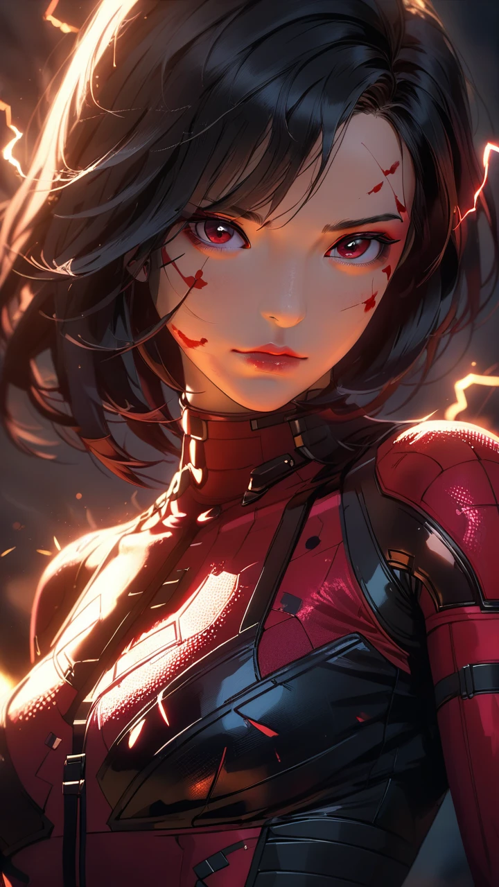 1girl,black hair, burn mark on face, Deadpool, marvel, looking at viewer, dramatic lighting, soft shadow,masterpiece, best quality, safe, SFW, very aesthetic, recent, absurdres, highres, lightning, glowing,