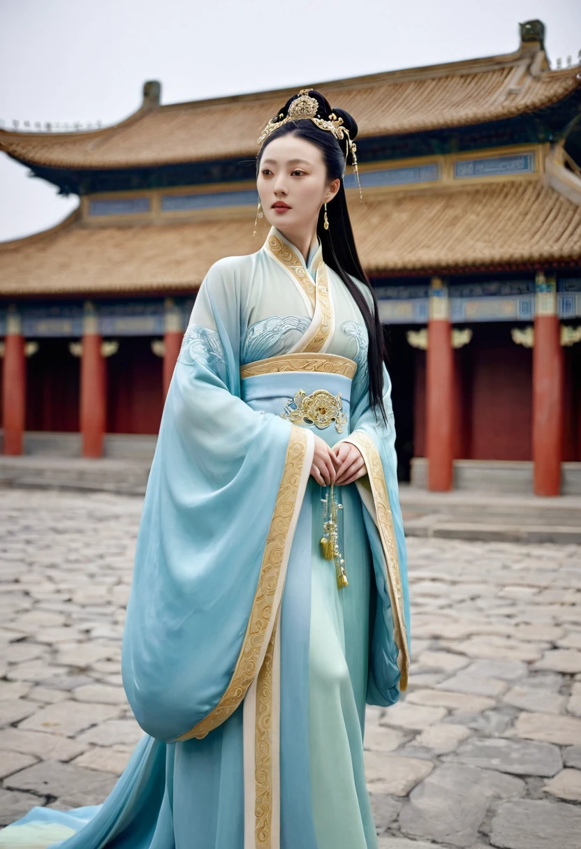 Chinese actress Xu Xun in The Legend of Ruyi (Zhou Xun) A Qing dynasty Empress standing in the foreground, showing her large breasts, her hairy pussy and underbelly, naked without underwear on the cobblestones outside a Chinese palace during the Qing dynasty、Chinese empress hairstyle big crown