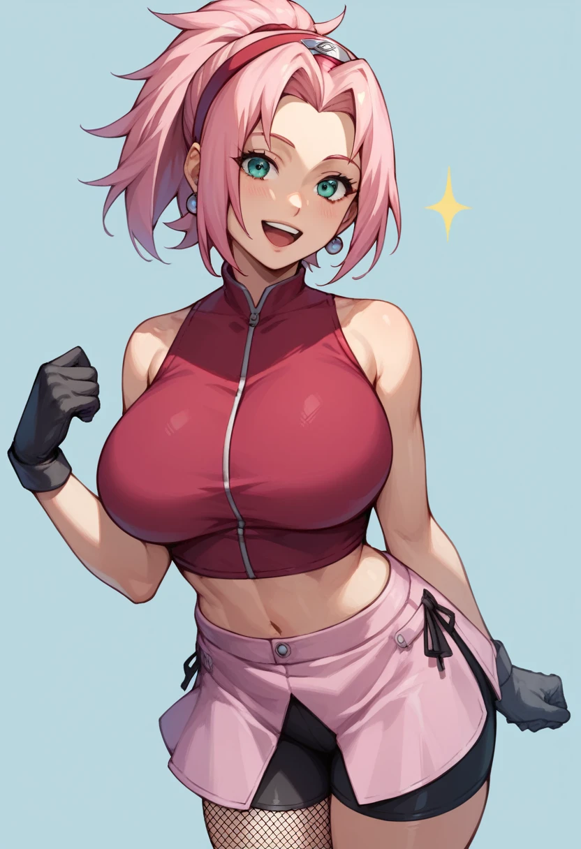 score_9, score_8_up, score_7_up,score_6_up, score_5_up, score_4_up , 1girl, solo, huge breasts, 1girl, haruno sakura, pink hair, short, hair, green eyes, forehead protector, sleeveless, red shirt, bike shorts, shorts, black gloves, yamanaka ino, hair over one eye, ponytail, hairclip, blue eyes, purple crop top, sleeveless, purple skirt, fishnets, earrings, happy, cowboy shot, simple background