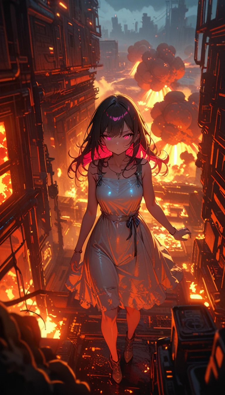 ((best quality)) , ((masterpiece)) , (detailed)，Color splash, Ghostly Astronaut (Li Gong:1.3) , wearing Shabby Chic Wrap dress, has metallic plating, Colored hair, Fossil fuel power station in background,beautiful detailed glow,((flames of war)),(((nuclear explosion behide)))