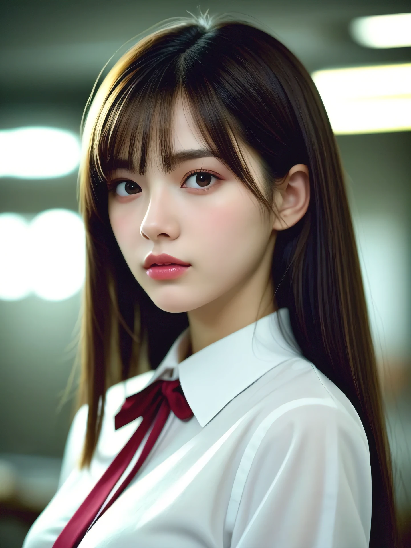 1 girl, a stunningly beautiful 20-year-old woman, close-up of her face, sweat dripping all over her face, scorching sun, piercing rays, bottled water, drinking it down her throat, short Hair, glamorous figure, busty, wearing a white collared shirt of long sleeves, plain Dark red bow tie, hyper cute face, glossy lips, double eyelids in both eyes, natural, long eyelashes, shiny smooth light brown hair, asymmetrical bangs, fair skin, central image, high resolution, high detail, detailed hairstyle, detailed face, high school, old wooden school building, classroom, spectacular cinematic lighting, octane rendering, vibrant, hyper realistic, perfect limbs, perfect anatomy,