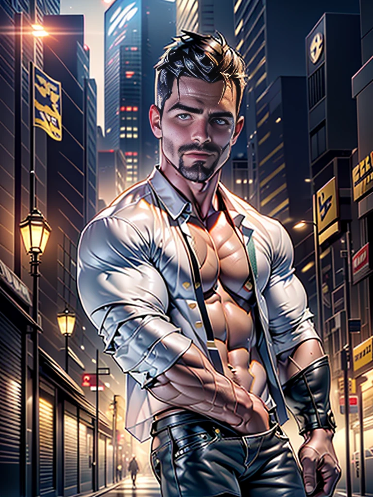 Best quality, masterpiece, ultra high res,detailed background,realistic,illustration,shot,solo,1boy,muscular male,beard,police uniform, (((stephen amell with open shirt))), erotic, ripped pants,street,muscular,facial hair,volumetric lighting,depth of field,short hair, stocky bara, stocky burly