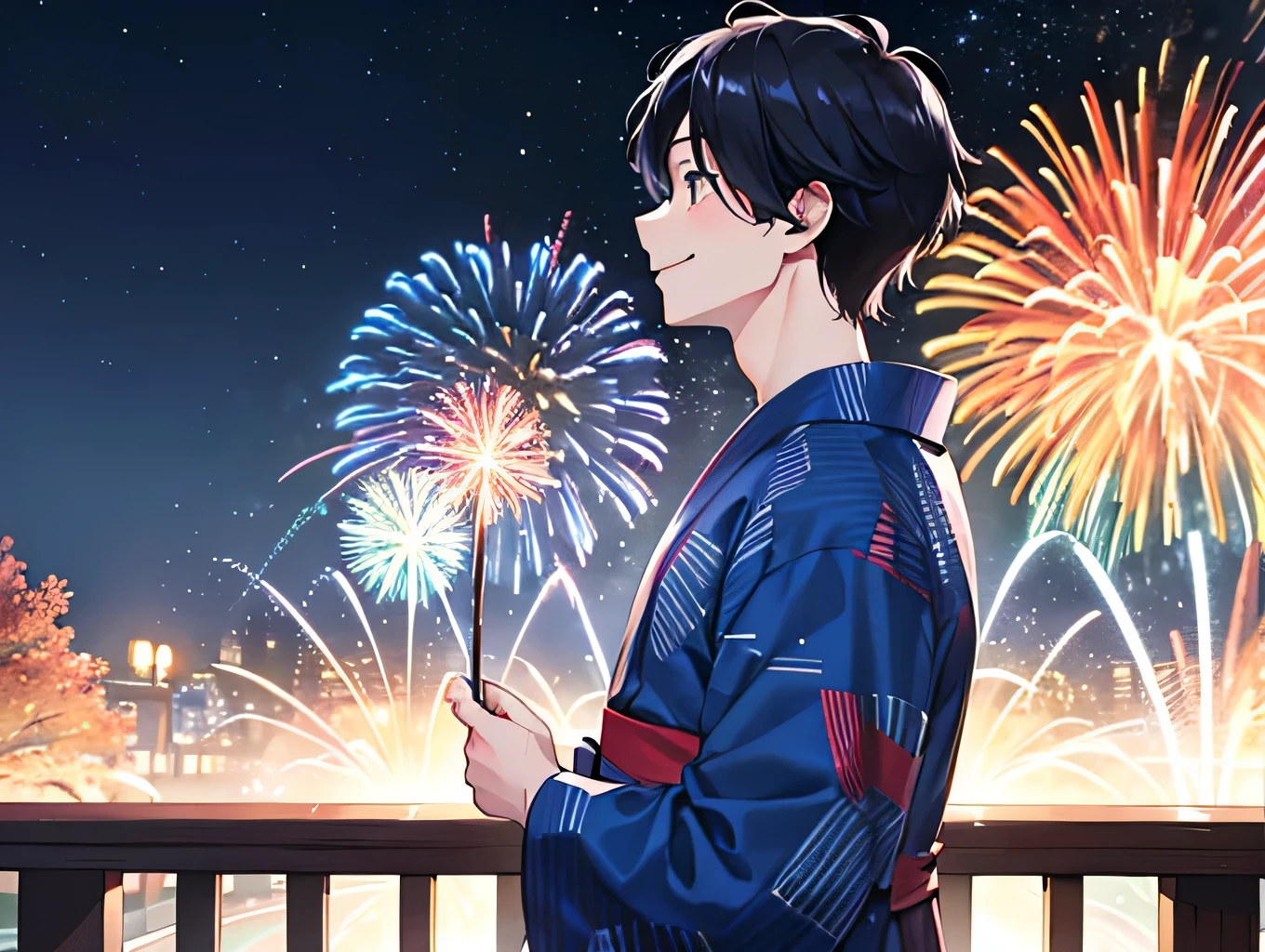 Best image quality、Young people looking up at fireworks、Lots of colorful fireworks、profile、Wearing a blue yukata、Black Hair、1 male, He smiled widely.