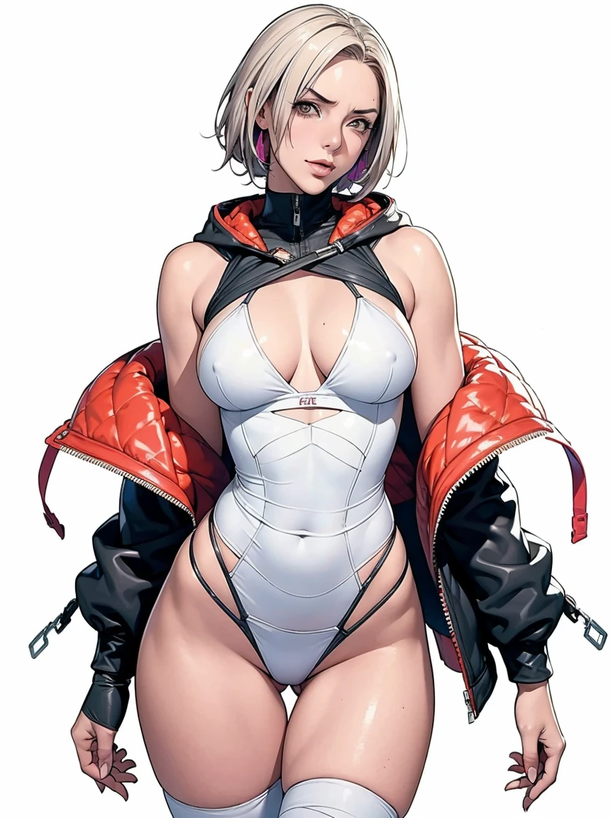 (((Annie Lennox))), (((colorful suit))), (scars), (((bandaged arms))), (((colorful clothes))) (( hood)), (((best quality: 1.4))), (Unbeatable masterpiece), (hyper HD),(CG 8k hyper-realistic), brave face, ((( big))), (((hyper feminine))), sexly g, black tattoo,(ultra short red hair with white highlights)), ((( sculptural body ))), (((1 Kizi))), Kizi tatuada de 25 anos com pect body,,Beautiful and well-groomed face,muscular body:1.2,solid color detailed jacket, (Head to thigh photos), Complex equipment, ,Tight clothes,With white stars and off-white stripes,,,,,Armor Metal Electronic Parts, Poison tattoos ) INFO, Kizi, (((standing alone))), , 24歳, sexy, pose detitude, work of art, dancing, ((slight smile)), post-apocalypse, (((manga style))), bounty hunter, the way you want, perfect body, roupa moderna, advanced technology, white, yellow accent, black, red accent, fur collar jacket, sleeves with vertical striped pattern, background city, (( cowboy shot )). intricate visual, narrow waist, (((wide hips))), wide hips, fit thighs, (((thigh gap))), Thigh gap, background shows a futuristic airplane