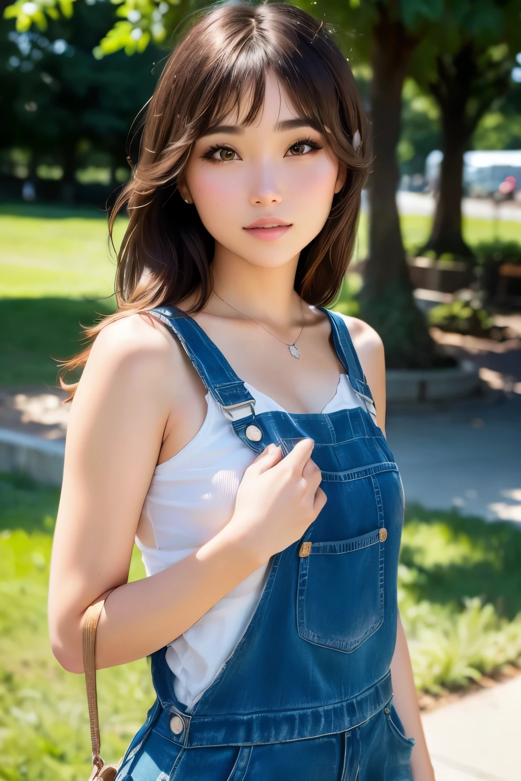 Bob Hair,Brown Hair, Diagonal bangs, Small breasts, Background blur,Portrait Photography, High resolution, Highest quality, Textured skin,