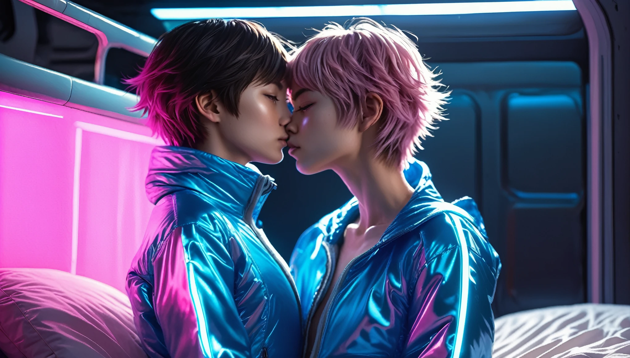 Top Quality, Masterpiece, High Resolution, 8k, ((2 cute girls kissing in a light pink blue open shiny puffer, short sleeves, wide neckline, deep neckline, small perky breasts, extremely detailed face, detailed slightly open eyes, beautiful detailed lips, short asymmetrical pixie hair, small hips)), in a spaceship, on bed, intricate details, at night, backlit, random neon color, full body shot, view from distance, random pose