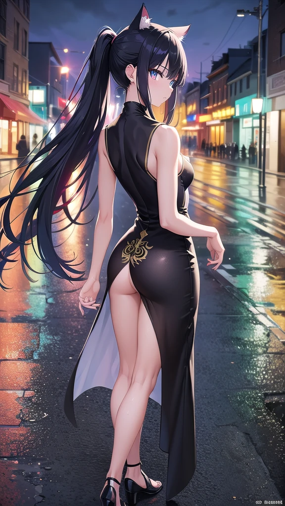 Masterpiece, top quality, best quality, official art, beautiful and aesthetic, anime, 1girl,extremely detailed, colorful, more detailed ((ultra-detailed)), (highly detailed CG illustration),Best Quality, High resolution, Unity 8k Wallpaper, (Illustration:0.8), (Beautiful detailed eyes:1.6), extra detailed face, Perfect Lighting, extremely details CG, (Perfect hands, Perfect Anatomy),city,street,night,wet road,reflections,lights,red long hair, cat ears,ponytail,blue eyes, hairpin,black choker,skinny fit,small breast, small ass,long legs,long chinese dress,stockings, in middle,front photo, from behind,full body, ass focus