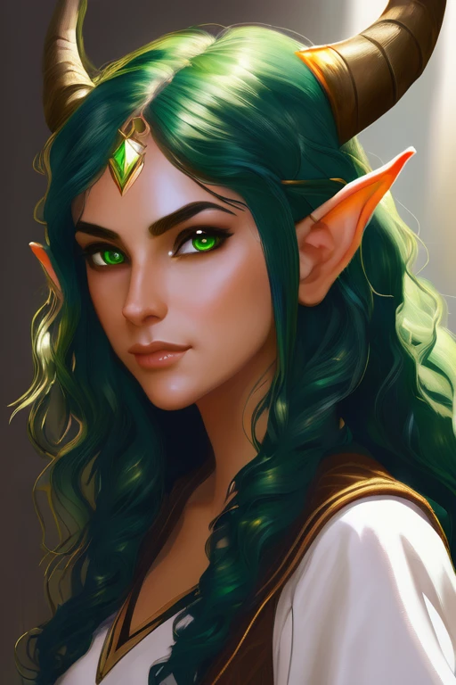 Young adult girl, olive skin , full mouth, long curly hair, pointed elf ears, green eyes and two small horns