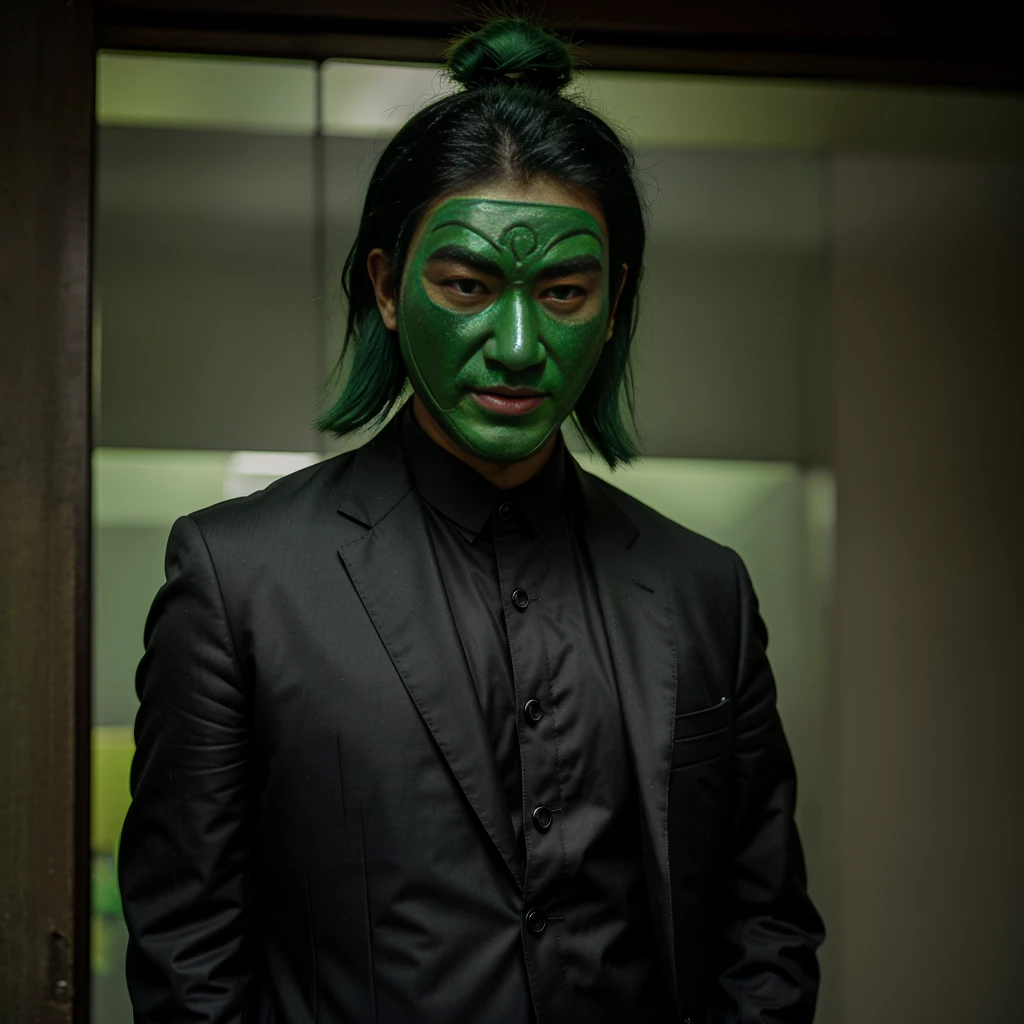 Asian man, green hair, wearing a green Thai giant mask, wearing a black suit, Wear a black coat with a green pattern 
