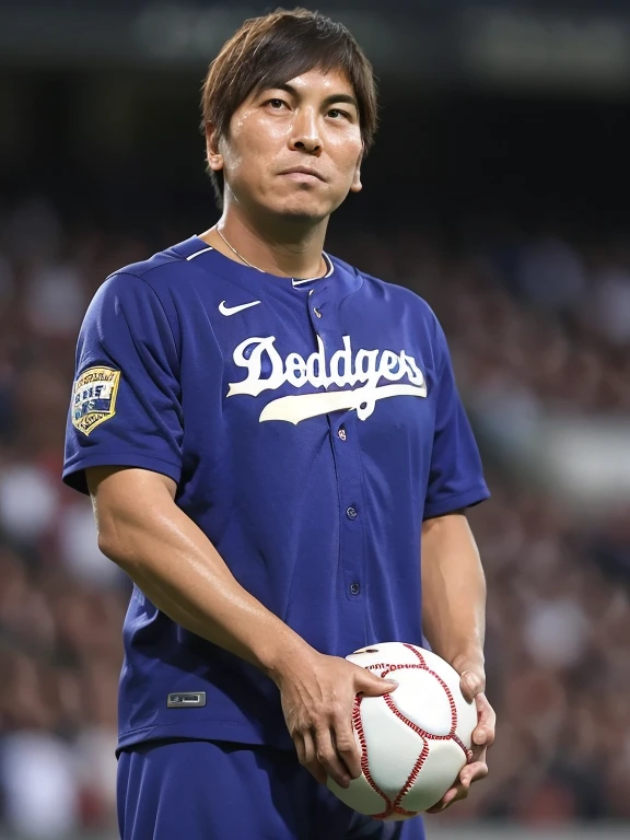 The moment of receiving the award, male, alone, baseball, baseball選手, Award-Winner, stage, Trophy, Spotlight, applause, Tears of emotion, Los Angeles Dodgersのユニフォーム, Audience in the background, 