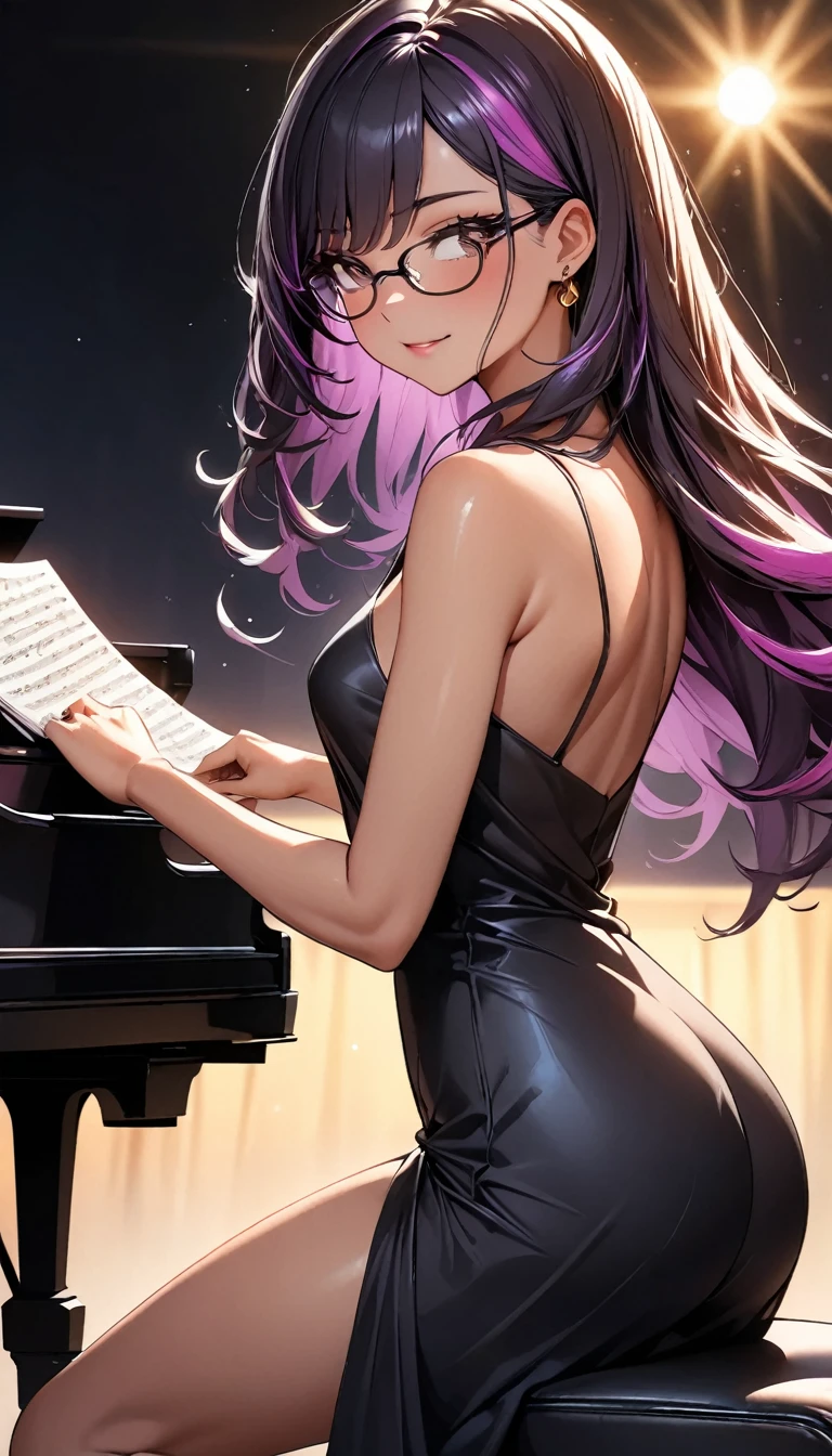 (highest quality:1.2, Very detailed, up to date, Vibrant, Ultra-high resolution, High Contrast, masterpiece:1.2, highest quality, Best aesthetics), Portraiture、girl、((25-years-old:1)), (black evening dress:1.3), Bright colors、Beautiful fine details、Beautiful lip detail, long hair、black and purple ((streaked hair:1.6)), highlights hair: 1.5, brown eyes, glasses, gold earrings, ((slim body:1.4)), (small breast:0.7), (dark skin:0.5), (sitting and playing the grand piano:1), (There is an open sheet music on the piano.), classic concert hall, spot light, side view, (cowboy shot:1.5),