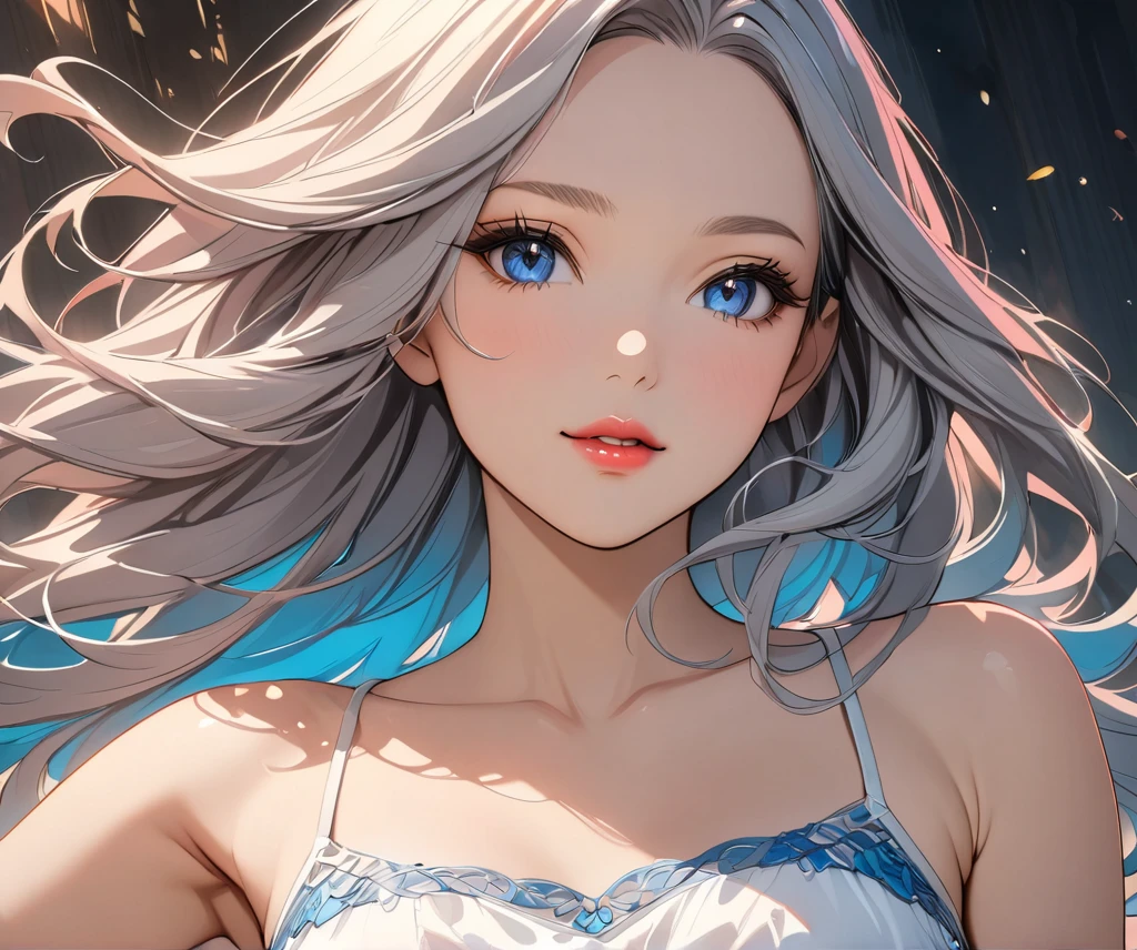 elegant young woman with long silver hair and vibrant blue eyes, wearing a short white camisole and cropped shirt, detailed face and body, beautiful detailed eyes, beautiful detailed lips, extremely detailed eyes and face, long eyelashes, illustration, anime style, highly detailed, 8K, photorealistic, masterpiece, vivid colors, soft lighting, delicate skin, flowing hair, detailed fabric textures, intricate details, dynamic pose
