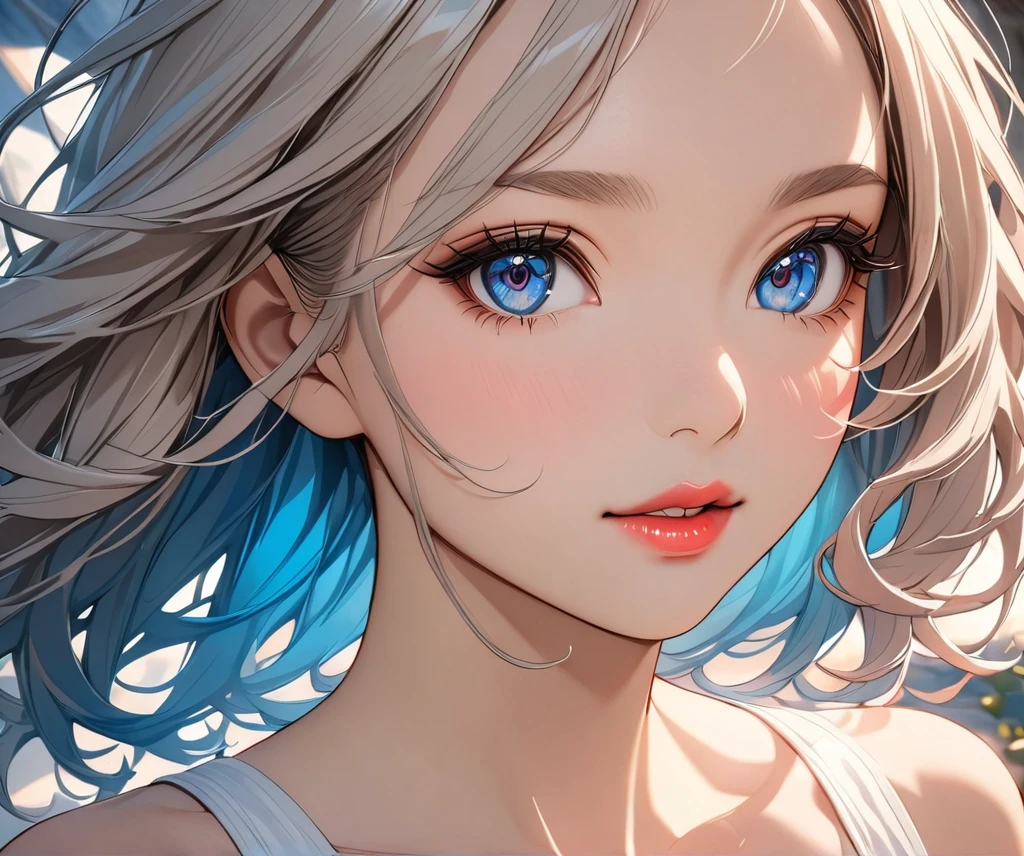 elegant young woman with long silver hair and vibrant blue eyes, wearing a short white camisole and cropped shirt, detailed face and body, beautiful detailed eyes, beautiful detailed lips, extremely detailed eyes and face, long eyelashes, illustration, anime style, highly detailed, 8K, photorealistic, masterpiece, vivid colors, soft lighting, delicate skin, flowing hair, detailed fabric textures, intricate details, dynamic pose