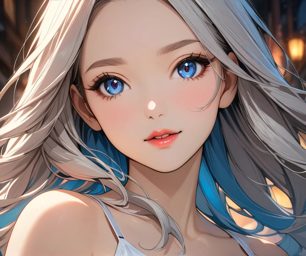elegant young woman with long silver hair and vibrant blue eyes, wearing a short white camisole and cropped shirt, detailed face and body, beautiful detailed eyes, beautiful detailed lips, extremely detailed eyes and face, long eyelashes, illustration, anime style, highly detailed, 8K, photorealistic, masterpiece, vivid colors, soft lighting, delicate skin, flowing hair, detailed fabric textures, intricate details, dynamic pose