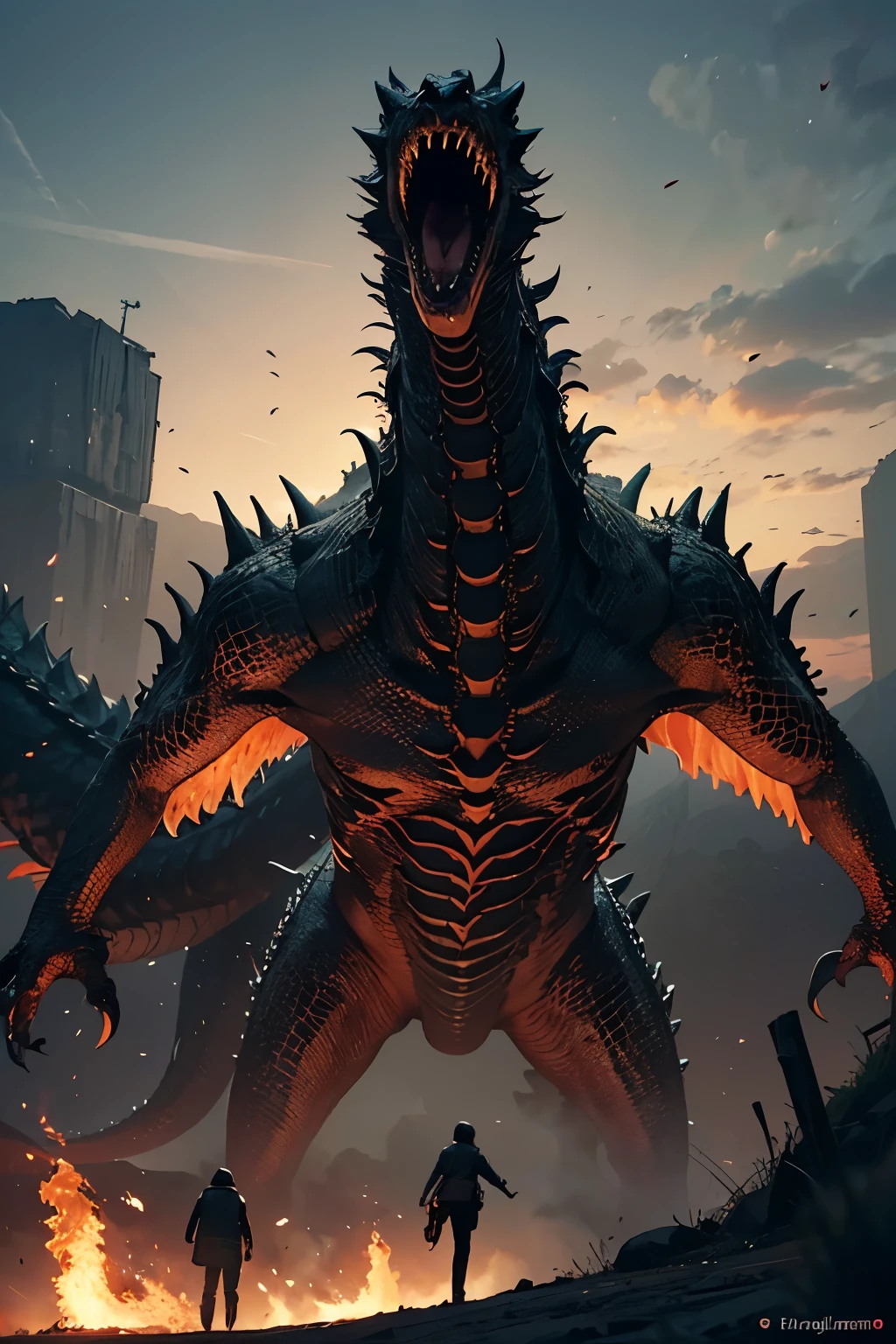 A very detailed painting, Breathes a breath of flame from its mouth, Depicts a man　have a weapon on a hill gazing at a giant alien dragon flame breath, author：Shinkai Makoto, By Art Jem, From Wlop, author：Greg Rutkowski, Volumetric Lighting, Octane Rendering, 4K resolution, Popular on artstation, masterpiece ,wind magic