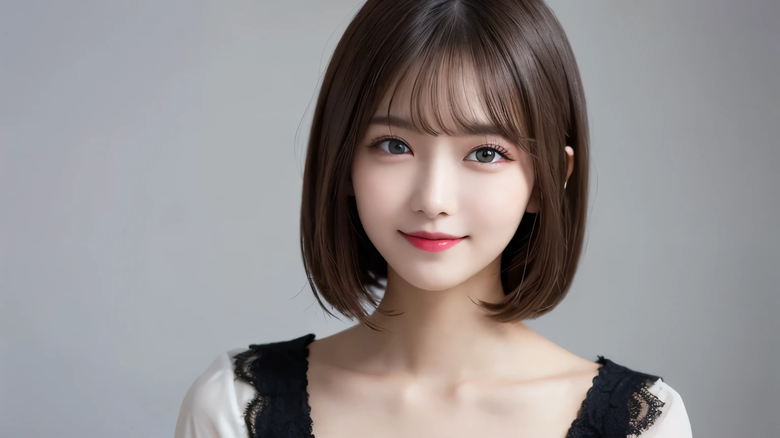 white background, half body portrait, one person only, looks happy, smile, short hair, highest quality, shape, Super detailed, finely, High resolution, 8k wallpaper, Perfect dynamic shape, beautiful and detailed eyes, D cup, natural color lip,smile、20 year old girl, Beautiful and dense face、perfect and beautiful face,Big eyes、real photos(best image quality), blouse (off white)、looking at camera、Please stand、Do gal makeup