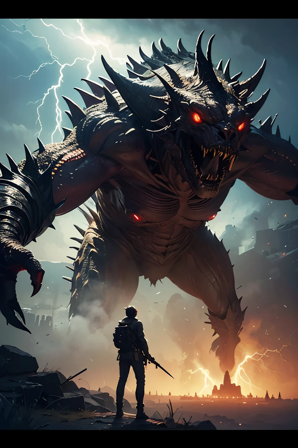 A very detailed painting,Depicts a man have a weapon on a hill gazing at a giant alien monster lightning breath, author:Shinkai Makoto, By Art Jem, From Wlop, author:Greg Rutkowski, Volumetric Lighting, Octane Rendering, 4K resolution, Popular on artstation, masterpiece ,lightning magic