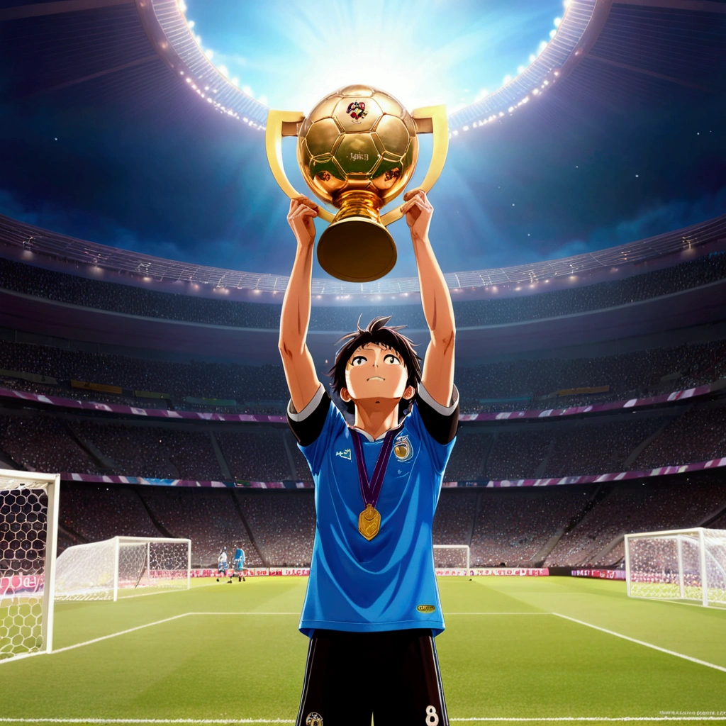 masterpiece, best quality, source anime, official art, 8k, ultra-detailed,very aesthetic, absurdres, perfect anatomy, perfect face, cinematic lighting, very wide shot,multiple boys,very happy,Award Ceremony,soccer,ground,stadium,raise up trophee,hand