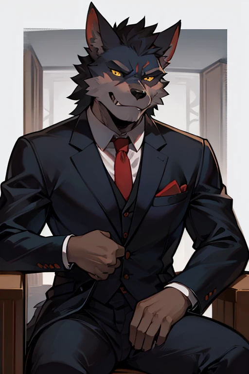 A wolf orc in a suit,Sitting and looking at you with contempt,There is an ancient god behind,Put your hands on his shoulders