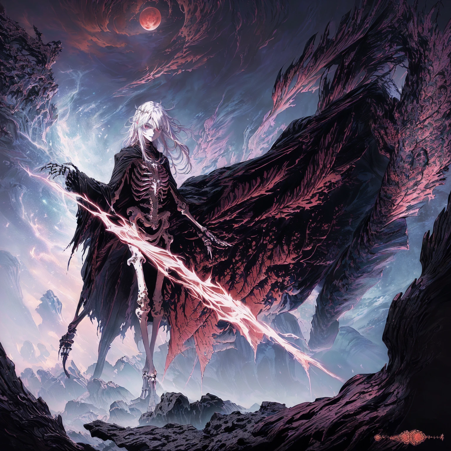 Detailed cover design, Anime epic artwork, detailed key anime art, Noah Bradley. Clear focus, dark fantasy artwork, Anime Fantasy Artwork, Official artwork with high detail, Dark Witch Panorama, Fractal Thunder by Dan Mumford, Eric of Melniborn, Lich Vecna (d&d), (full body:1.5), (wide shot:1.2), best quality, 4K, high resolution, (masterpiece:1.2), Very detailed, (current:1.37), (anatomically correct:1.2), Mood lighting, An undead girl in a long cape, black hair, Whole body including hands & arms & Legs & feet are all skeleton bones but except the head is still beautiful human face, Wearing a ragged gothic skirt, Shaded expression, Aloofness emotion, Dangerous sneer, beautiful but cruel smile, Facing the camera, Crucified, Pitch black sky, Blood-red moon, strange atmosphere, Gothic style, Unforgettable beauty, Dramatic shadows, Ethereal Light, Mysterious atmosphere