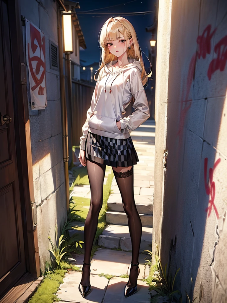 ((Biologically correct limb count))、(( Full-body photo including face))、4K、((Standing position))、masterpiece、((Focus on the face))、((Symmetrical facial features))、, (Natural skin texture, 詳細な肌Eye for detailed depiction、 Hyperrealism, Sharpness), (Japanese girl in a dirty back alley at night, Put your hands in your pockets, graffitied wall:1.3), ((White hoodie, No sleeve, White jersey pants)), (Flat Chest:1.3, Pale skin:1.2, Slender body), ((Blonde Straight Hair, Blunt bangs)), (Fascinating face, Provocative look, Lips parted:1.3, Sagging under the eyes:1.2, Red thick lips), graffiti:1.5, at night, Upper Body Shot、In a completely different expression。Eye for detailed depiction、Beautiful woman、Excellent style、Beautiful clavicle、Beautiful feet、Beautiful Hands、Slender body、(Small Ass、Thin thighs)、(Striped stockings、High heels)、Detailed depiction of the face、Small earrings、necklace、(Knitted dress、(Checked skirt))、Face close-up、Turn 1'Look Up、Look at me sideways、A bow tie、Nighttime hot springs、Super dense fog、