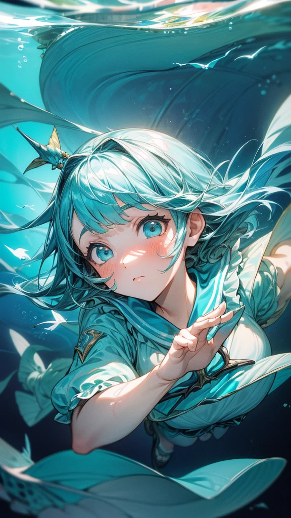 (1girl, Whimsical underwater adventure background, Huff Expression, fluorescent buzz lighting, Bird's Eye Perspective, Portrait with a traditional pose, paying homage to iconic portraits Pose, detailed expression, stirrup footwear, Faille Fabric, Abstract Waves
