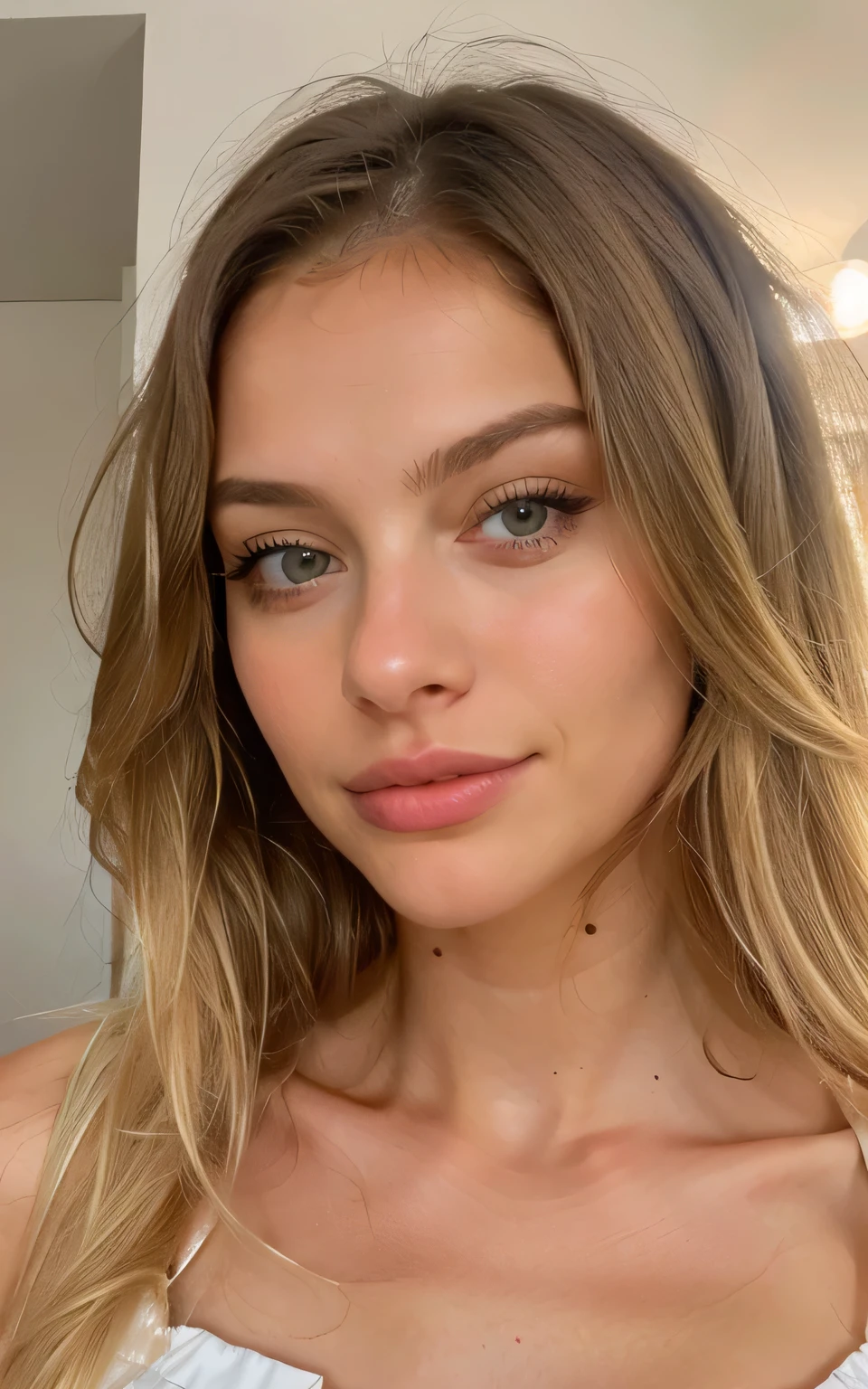 the same blonde girl as before in a light night dress (closeup headshot)