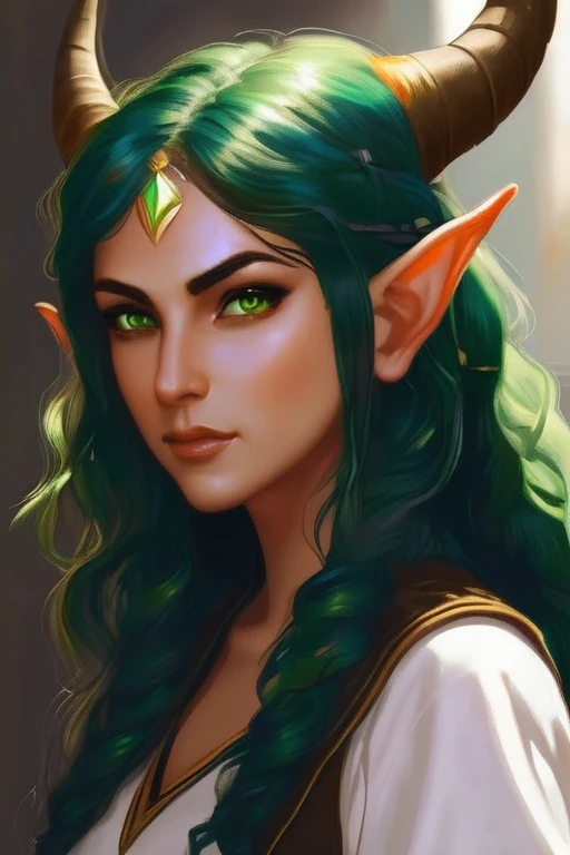 Young adult girl, olive skin , full mouth, long curly black hair, pointed elf ears, green eyes and two small horns 