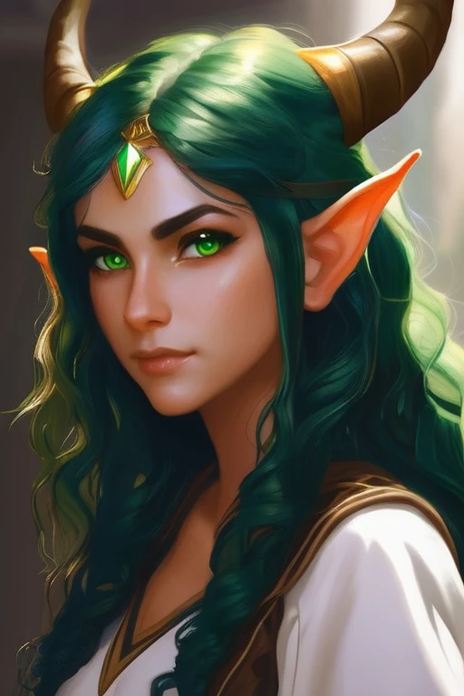 Young adult girl, olive skin , full mouth, long curly black hair, pointed elf ears, green eyes and two small horns 