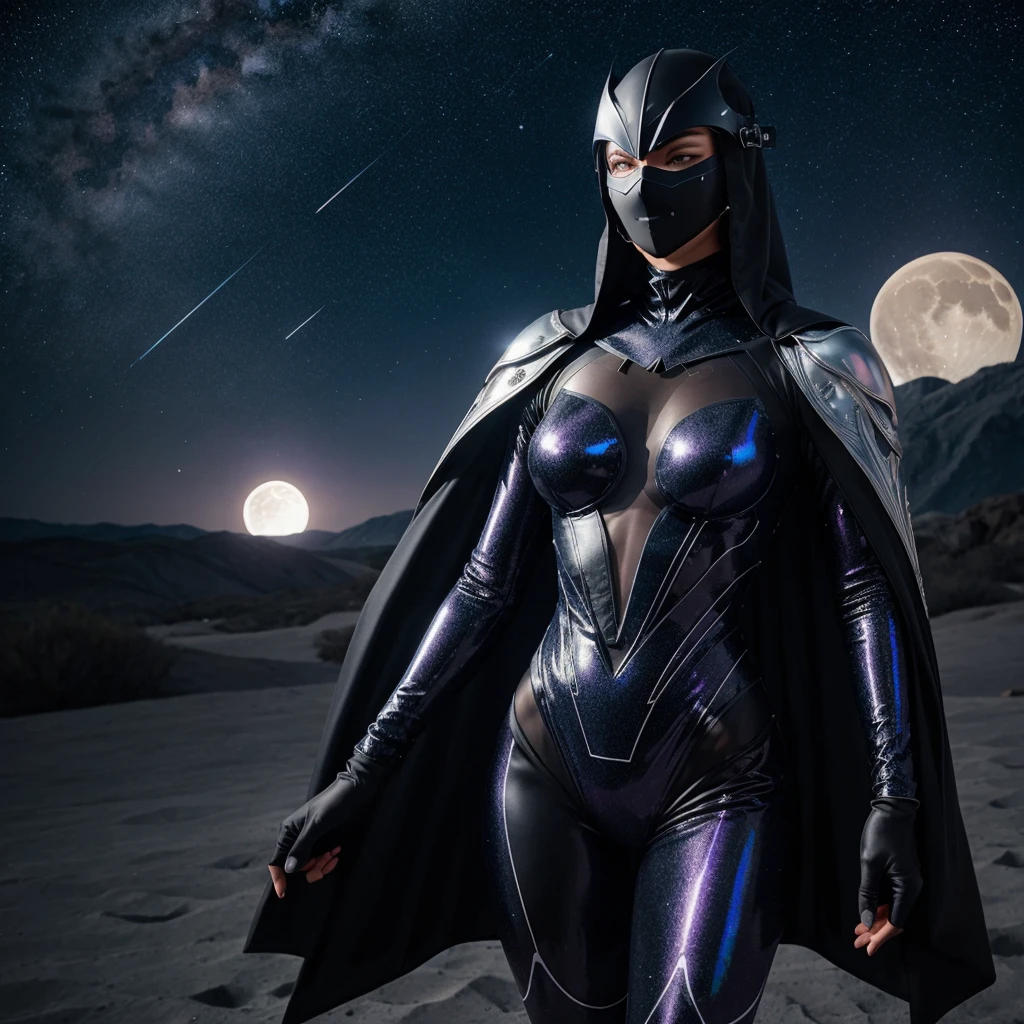 Color Scheme: Black and dark violet with iridescent silver accents.Costume: A sleek bodysuit with ethereal patterns resembling solar and lunar eclipses. The suit features glowing lines that shift to mimic the phases of the moon.Mask: A half-mask with a visor that displays shifting celestial maps and phases of the moon.Cape: A flowing cape that mimics the appearance of a starry night sky, shimmering with cosmic e