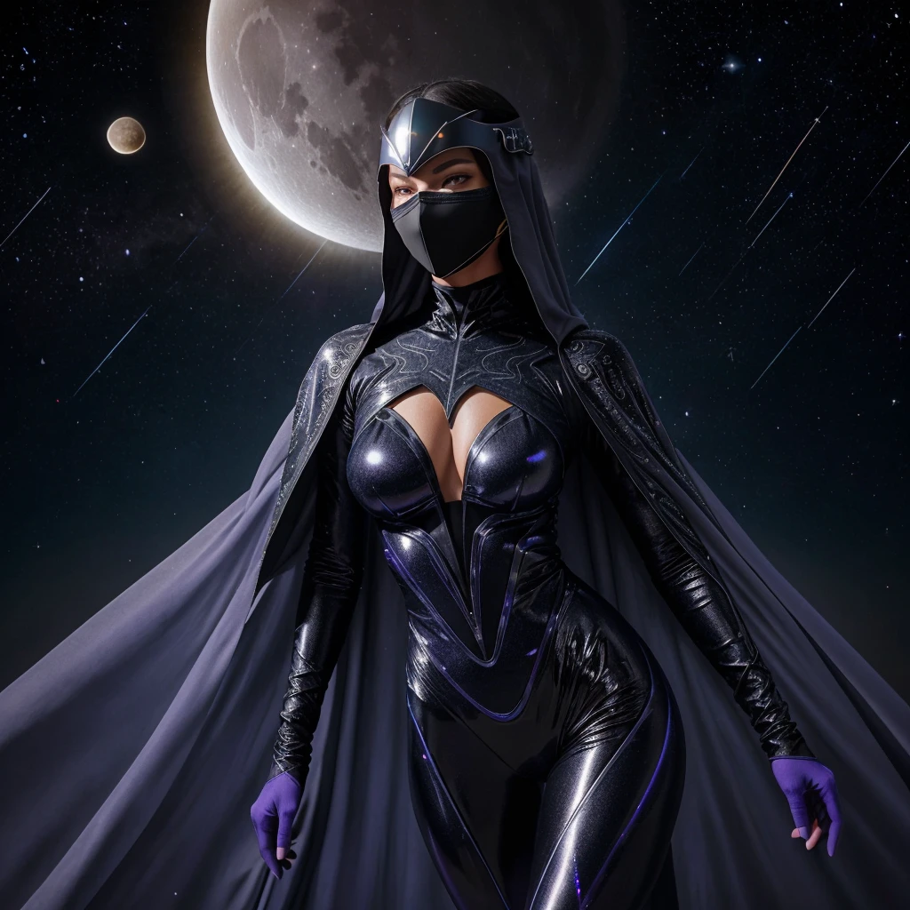 Color Scheme: Black and dark violet with iridescent silver accents.Costume: A sleek bodysuit with ethereal patterns resembling solar and lunar eclipses. The suit features glowing lines that shift to mimic the phases of the moon.Mask: A half-mask with a visor that displays shifting celestial maps and phases of the moon.Cape: A flowing cape that mimics the appearance of a starry night sky, shimmering with cosmic e