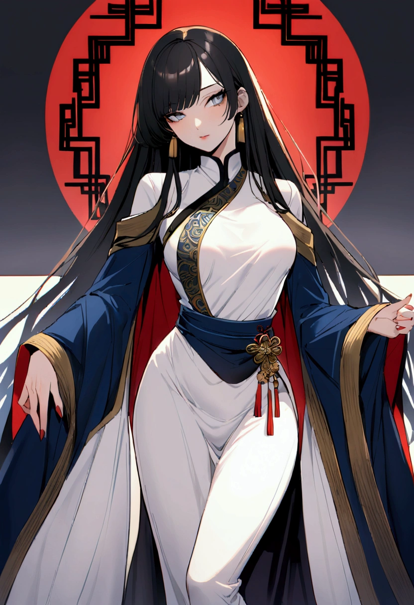 20 year old woman, 170 tall, looks beautiful, slim and elegant in white and light blue clothes in the style of the Chinese imperial dynasty, Appears seductive with a cool and mature gaze, black hair styled elegantly and charmingly, The curves of her body can be seen through the clothes, appearing charming and seductive, set in the Chinese Empire in the Middle Ages