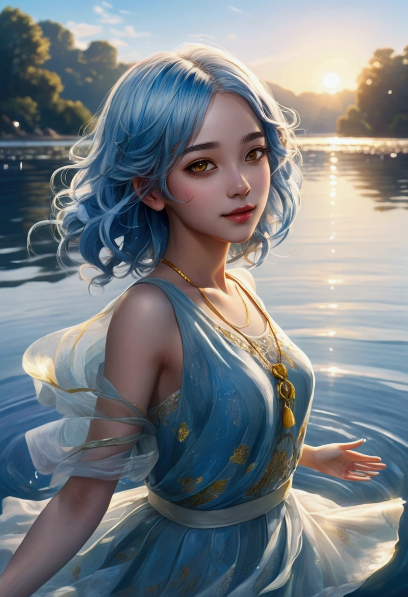 Create an anime-style illustration featuring a serene, peaceful background with a girl dancing on water. She has shoulder-length blue hair and shining yellow eyes. The scene should evoke tranquility and beauty, with soft, calming colors and gentle reflections on the water.