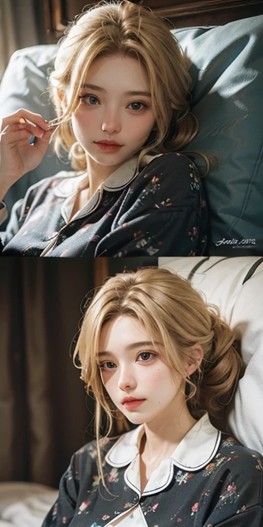 (masterpiece: 1.2, Portraiture, Highest quality), Realistic, (Live Action, Intricate details, Written boundary depth), Highest quality, masterpiece, Attention to detail, semi-Realistic, Sleeping in bed, shy, 21 years old, Short Blonde, blue eyes, pajamas, Slim figure、Canopy bed、