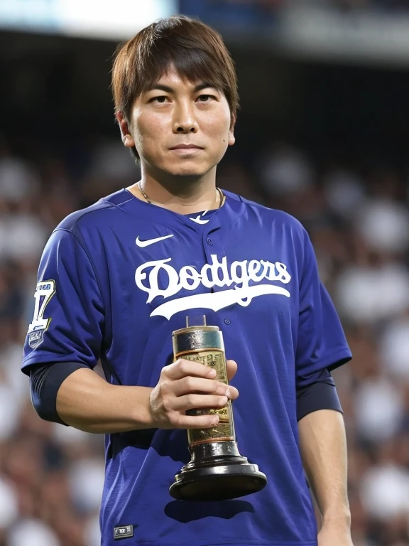 The moment of receiving the award, male, alone, baseball, baseball選手, Award-Winner, stage, Trophy, Spotlight, applause, Tears of emotion, baseballのユニフォーム, Los Angeles Dodgersのユニフォーム, Audience in the background, 