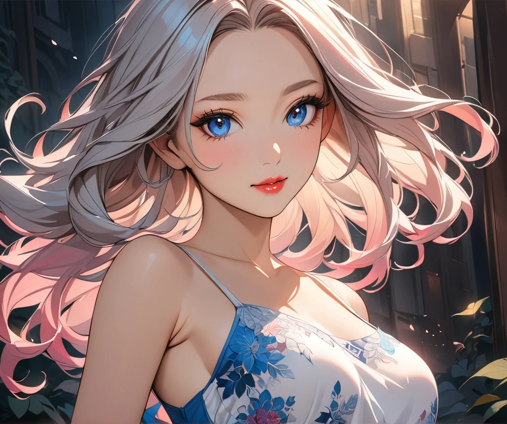 elegant young woman with long silver hair and vibrant blue eyes, wearing a short white camisole and cropped shirt, detailed face and body, beautiful detailed eyes, beautiful detailed lips, extremely detailed eyes and face, long eyelashes, illustration, anime style, highly detailed, 8K, photorealistic, masterpiece, vivid colors, soft lighting, delicate skin, flowing hair, detailed fabric textures, intricate details, dynamic pose