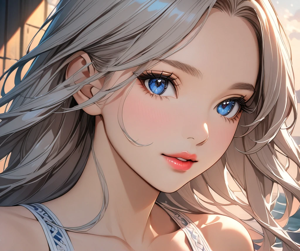 elegant young woman with long silver hair and vibrant blue eyes, wearing a short white camisole and cropped shirt, detailed face and body, beautiful detailed eyes, beautiful detailed lips, extremely detailed eyes and face, long eyelashes, illustration, anime style, highly detailed, 8K, photorealistic, masterpiece, vivid colors, soft lighting, delicate skin, flowing hair, detailed fabric textures, intricate details, dynamic pose