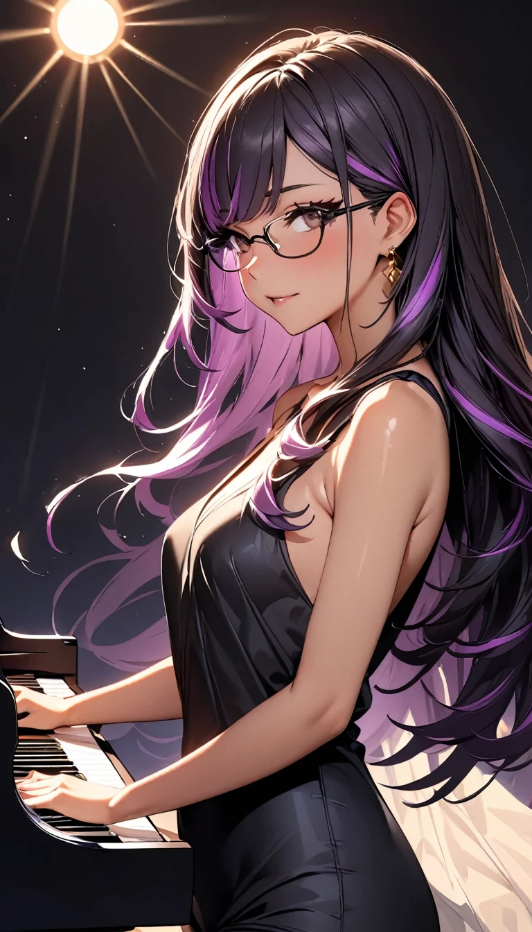 (highest quality:1.2, Very detailed, up to date, Vibrant, Ultra-high resolution, High Contrast, masterpiece:1.2, highest quality, Best aesthetics), Portraiture、girl、((25-years-old:1)), (black evening dress:1.3), loose fit, Bright colors、Beautiful fine details、Beautiful lip detail, long hair、black and purple ((streaked hair:1.6)), highlights hair: 1.5, brown eyes, glasses, gold earrings, ((slim body:1.4)), (small breast:0.7), (dark skin:0.5), (sitting and playing the grand piano:1), (There is an open sheet music on the piano.), classic concert hall, spot light, side view, (cowboy shot:1.5),