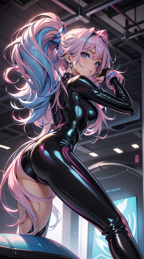 rear view, backside view,Best Quality，tmasterpiece，ultimate resolution，Suave，extremely colorful，Color，Mermaid princess，(black latex bodysuit:1.4)，Black stockings，Starrysky Android!,More detailed 8K.unreal engine:1.4,UHD,La Best Quality:1.4, photorealistic:1.4, skin texture:1.4, masterpiece:1.8,first work, Best Quality,object object], (detailed face features:1.3),(inside a blue gym:1.4),(long pink hair:1.4),（Beautiful and detailed eye description）,(detailed hands:1.4), (white sportswear:1.4), Ultra-detailed,detailed eyes, perfect body portions and sexy ass, from behind