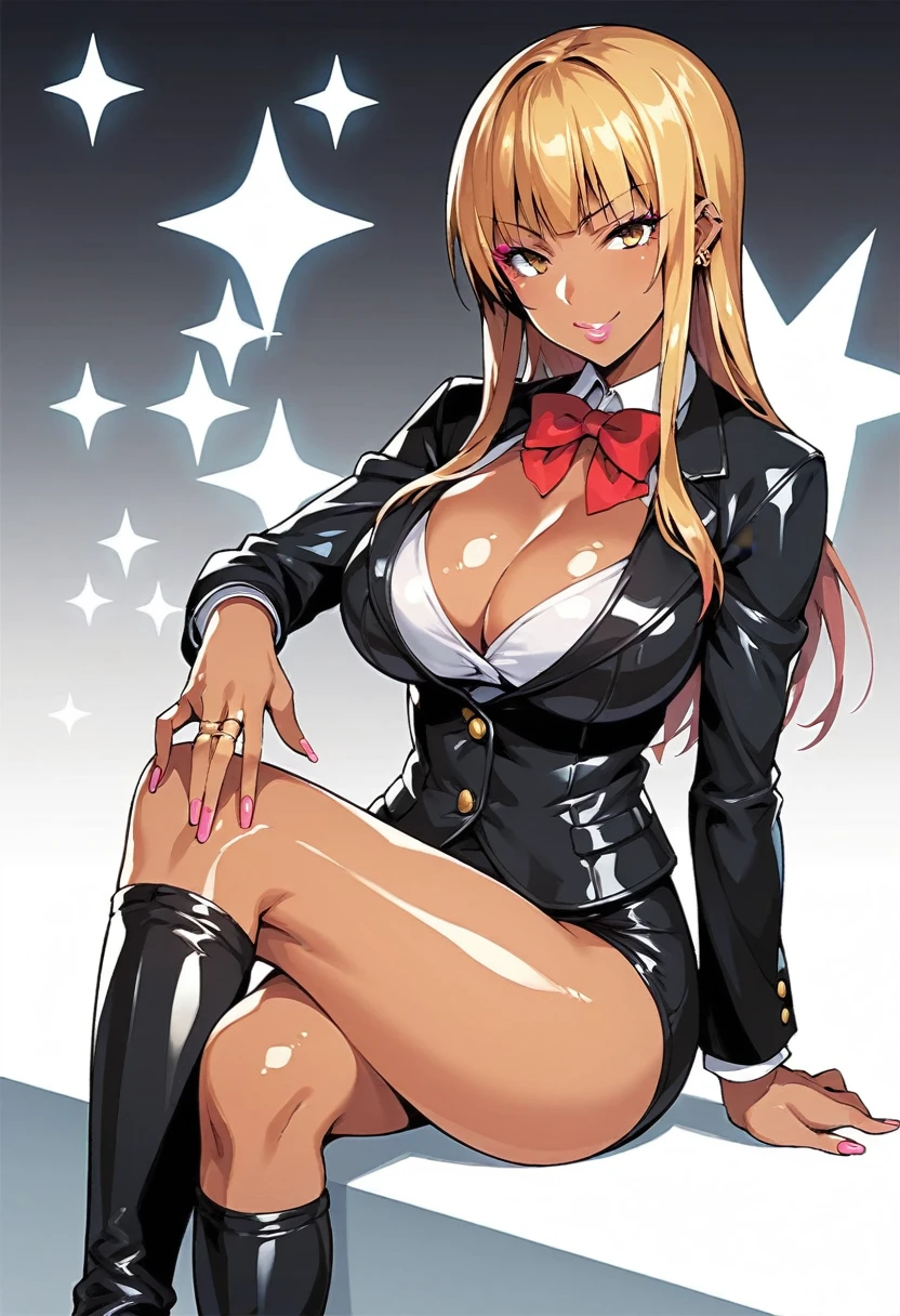 Score_9, score_8_up, score_7_up, score_6_up, source_anime, solo, 1girl, white background, abstract rectangular background, looking at viewer, BREAK 30-years-old, gyaru, nishizumi shiho, suits, sitting, crossed leg, thighs, cleavage, shiny skin, makeup, latex, shiny