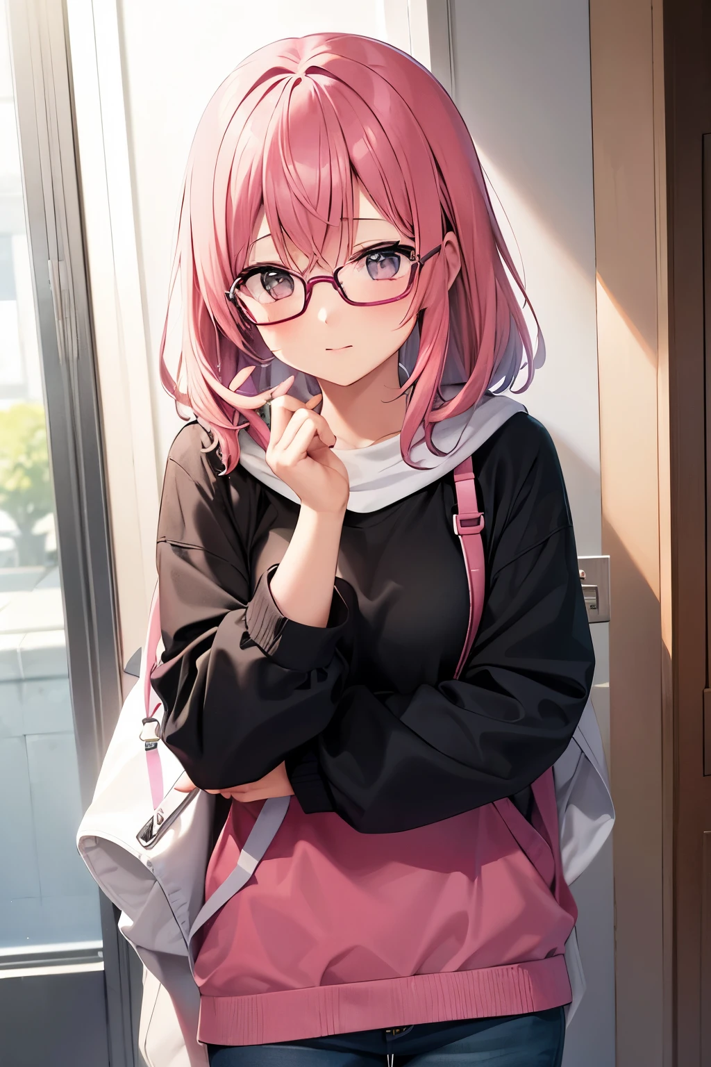 One girl、solo、Pink hair color、Pink shortcuts、Wearing glasses、I'm sweating a little、F cup bust、Big Breasts、Inside the hotel room、Blue bra、Blue panties