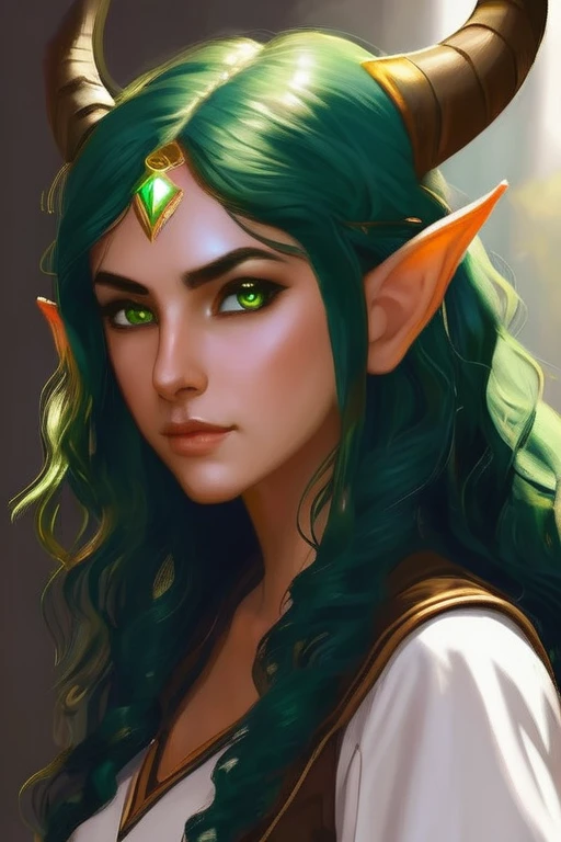 Young adult girl, olive skin , full mouth, black and long curly hair, pointed elf ears, green eyes and two small horns