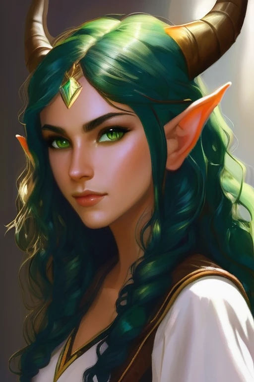 Young adult girl, olive skin , full mouth, black and long curly hair, pointed elf ears, green eyes and two small horns 