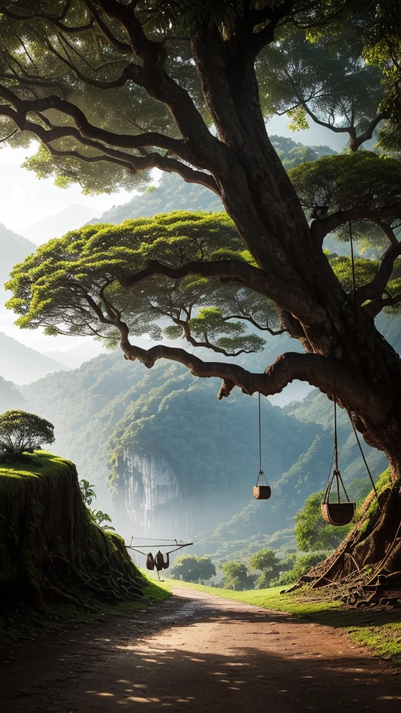 Make a realistic picture of a swing made from an old tire tied with a rope to a large banyan on a hill, di sekitar di tumbuhi tanaman daun dan bunga kecil mekar, the background of the winding road in the mountain valley, the atmosphere after the rain with the light of dusk