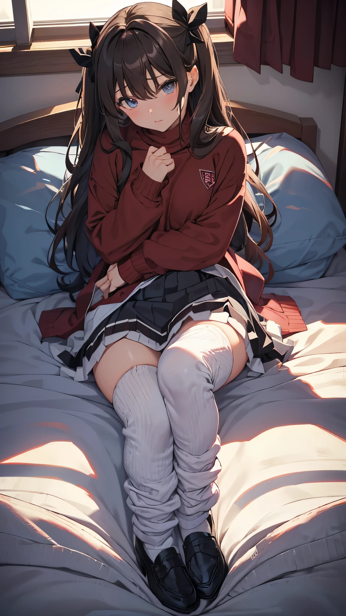 
1girl,tohsaka rin,long hair,thighhighs,solo,skirt,black thighhighs,shoes,sitting,blue eyes,two side up,arm support,zettai ryouiki,black skirt,artist name,long sleeves,black hair,pleated skirt,indoors,bed,ribbon,hair ribbon,looking at viewer,turtleneck,shirt,brown hair,curtains,long legs,miniskirt,black footwear,sweater,leaning back,bangs,red sweater,sunlight,loafers,lips,window,