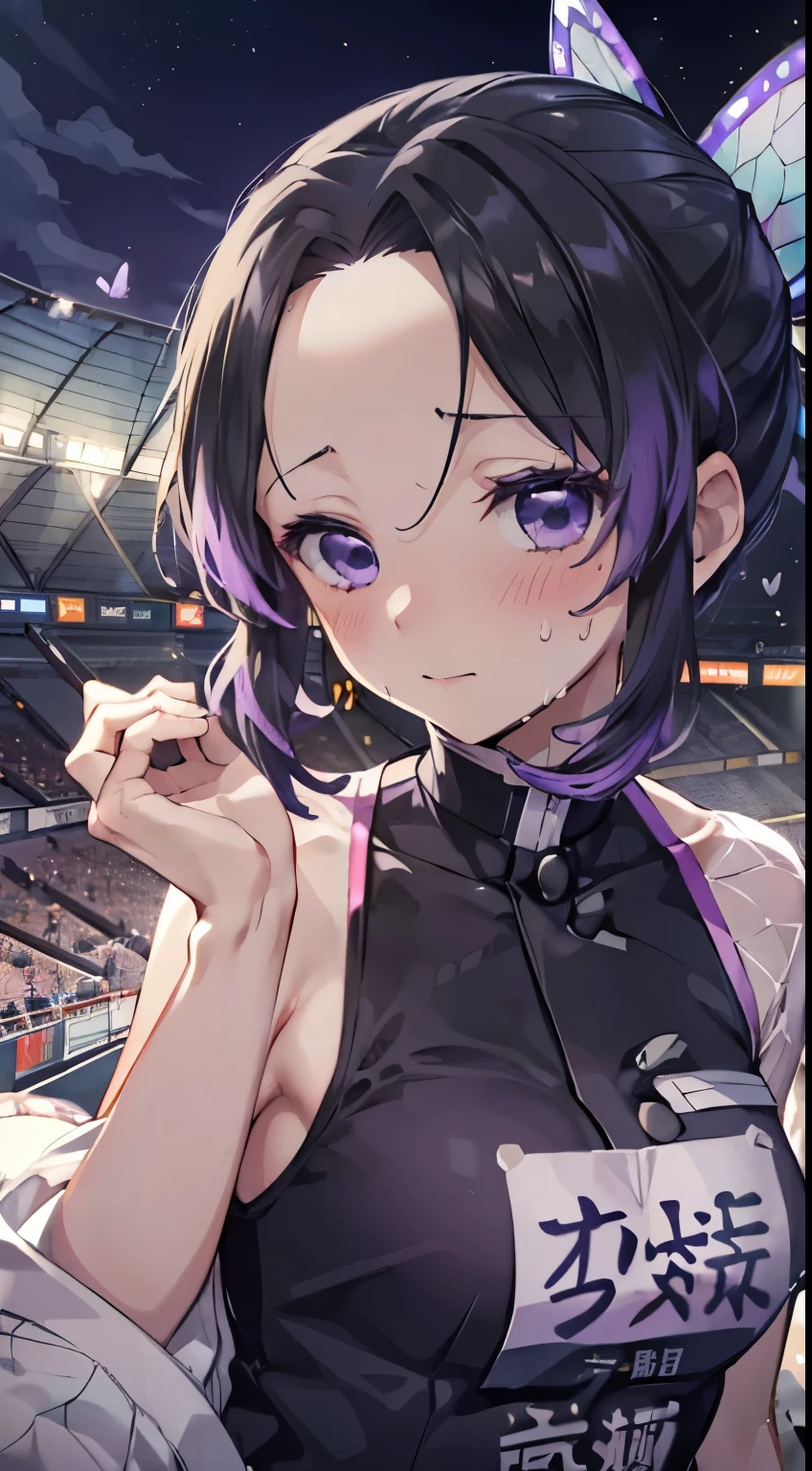 kochou shinobu, Ultra-realistic 8K CG,masterpiece,Angle from below, ((Highly detailed background,Delicate pattern,Intricate details)),The best quality in the best condition,とてもとてもとても詳細なface,(((Stadium, Arena))),, (((最高に笑face, Sweat))), , , Highly detailed eyesとface,Highly detailed eyes,kochou shinobu,Multicolored Hair,No bangs,Hair Intake,Track and field uniforms, Purple eyes,Haori,butterfly,band,(熱band庭園:1.2),Purple Flower,mostly cloudy null,Light of the sun,Tyndall effect,slope_null,face,beautiful null,,Seductive posture,(Small breasts:1.3),Curved waist,(Track and field costumes:1.6)